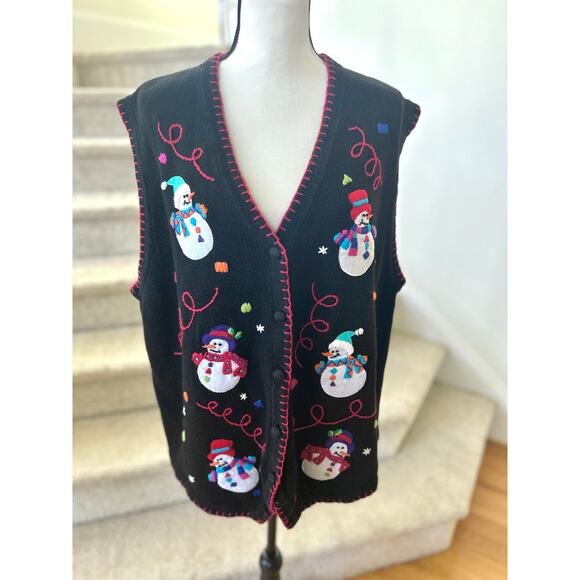 Vintage Snowman Applique & Embroidery Button Up Vest - Picture 1 of 5